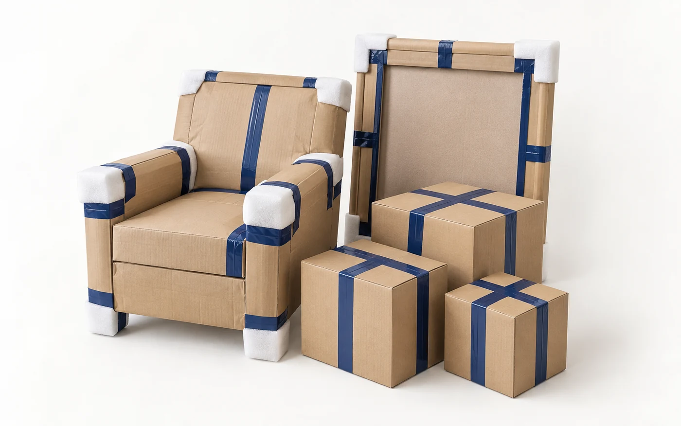 Escena ilustrativa de muebles y cajas protegidos para una mudanza