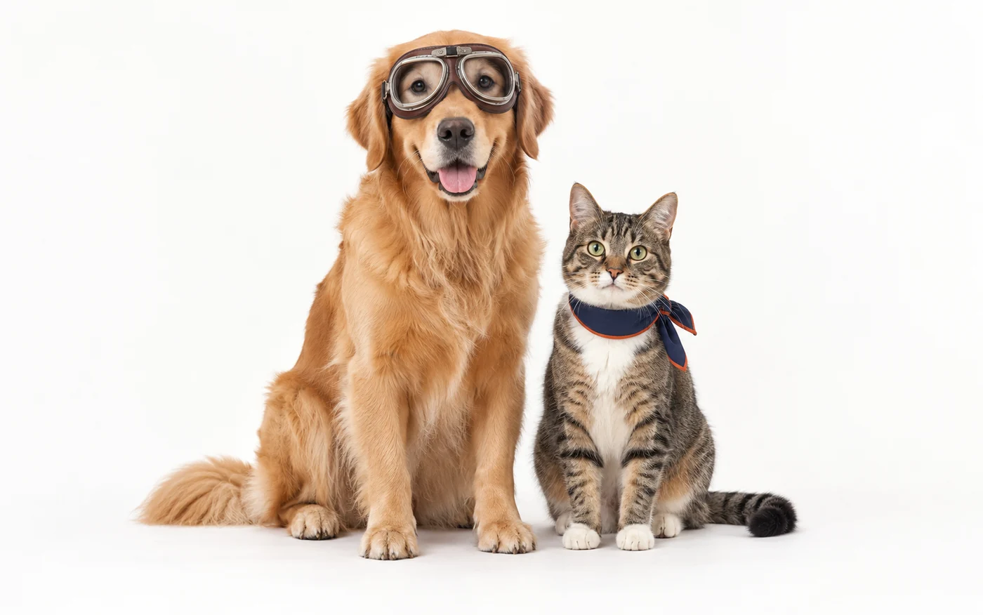 Composición ilustrativa de un perro con gafas de aviador y un gato con pañoleta